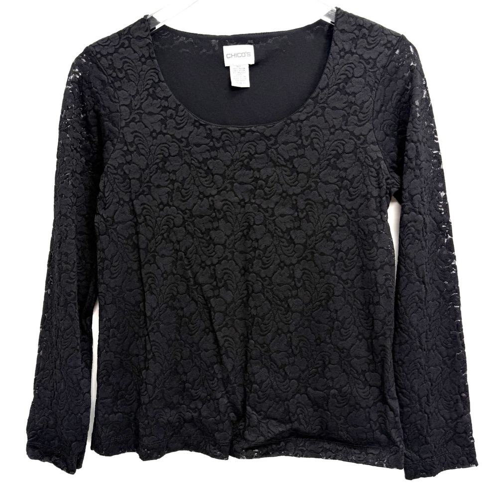 VTG Chicos Black Floral Lace Top Sz M Whimsigoth Dark Romantic Goth Long Sleeve